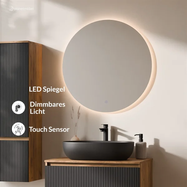 ARISA Badmöbel Set inkl. Hochschrank in Schwarz Geriffelt – Mit Nova LED Spiegel und schwarzem Keramik-Aufsatzwaschbecken 60 cm