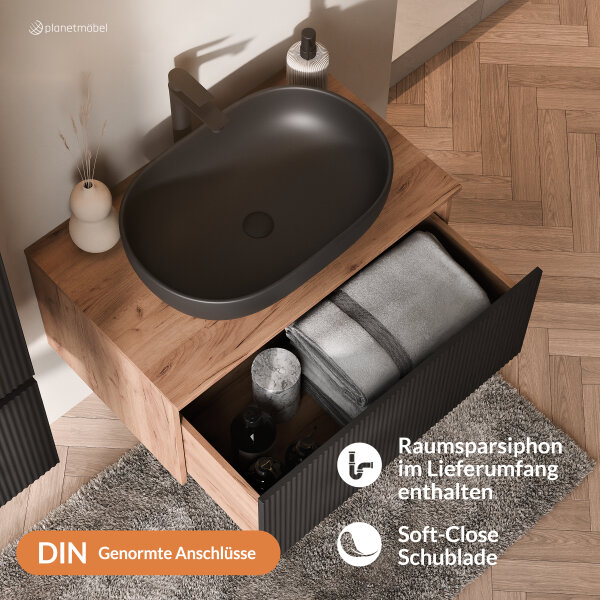 ARISA Badmöbel Set inkl. Hochschrank in Schwarz Geriffelt – Mit Nova LED Spiegel und schwarzem Keramik-Aufsatzwaschbecken 60 cm