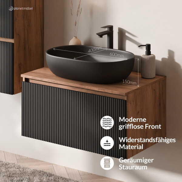 ARISA Badmöbel Set inkl. Hochschrank in Schwarz Geriffelt – Mit Nova LED Spiegel und schwarzem Keramik-Aufsatzwaschbecken 60 cm