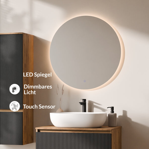 ARISA Badmöbel Set inkl. Hochschrank in Schwarz Geriffelt – Mit Nova LED Spiegel und weißem Keramik-Aufsatzwaschbecken 60 cm