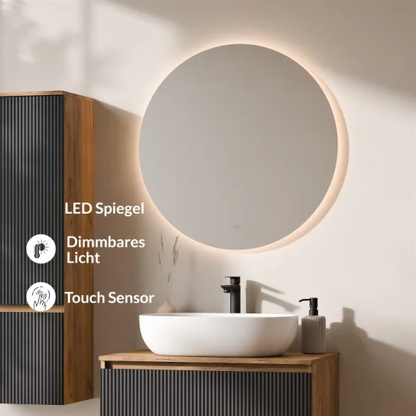 ARISA Badmöbel Set inkl. Hochschrank in Schwarz Geriffelt – Mit Nova LED Spiegel und weißem Keramik-Aufsatzwaschbecken 60 cm