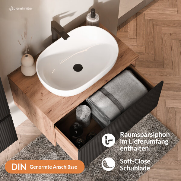 ARISA Badmöbel Set inkl. Hochschrank in Schwarz Geriffelt – Mit Nova LED Spiegel und weißem Keramik-Aufsatzwaschbecken 60 cm