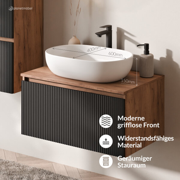 ARISA Badmöbel Set inkl. Hochschrank in Schwarz Geriffelt – Mit Nova LED Spiegel und weißem Keramik-Aufsatzwaschbecken 60 cm