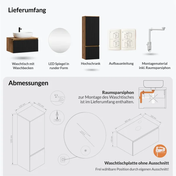 ARISA Badmöbel Set inkl. Hochschrank in Schwarz Geriffelt – Mit Nova LED Spiegel und weißem Keramik-Aufsatzwaschbecken 60 cm
