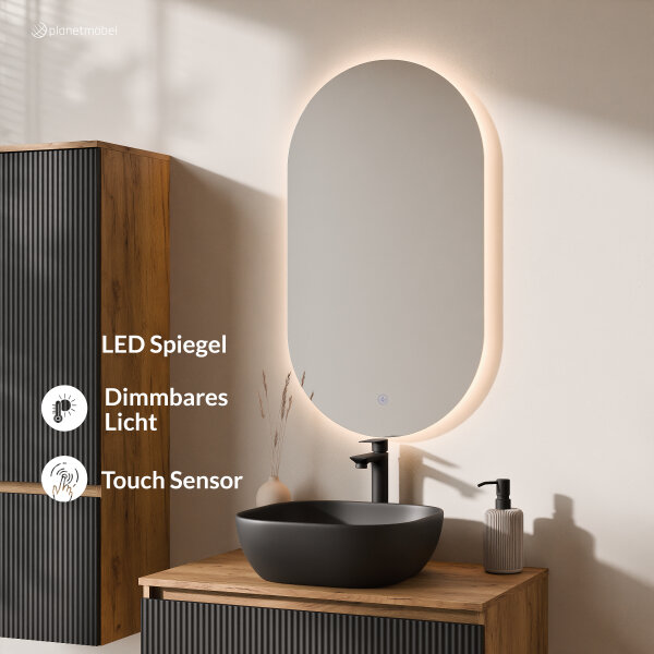 ARISA Badmöbel Set inkl. Hochschrank in Schwarz Geriffelt - Mit LED Spiegel und schwarzem Keramik-Aufsatzwaschbecken 42 cm