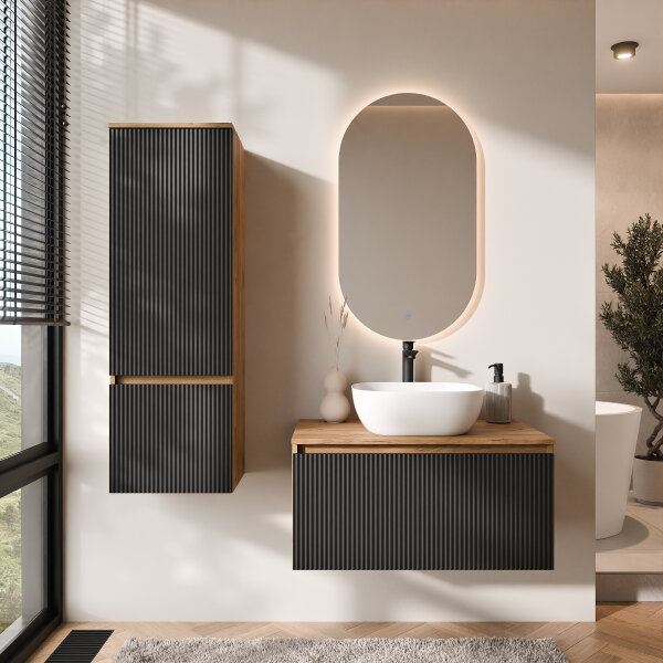 ARISA Badmöbel Set inkl. Hochschrank in Schwarz Geriffelt - Mit LED Spiegel und weißem Keramik-Aufsatzwaschbecken 42 cm