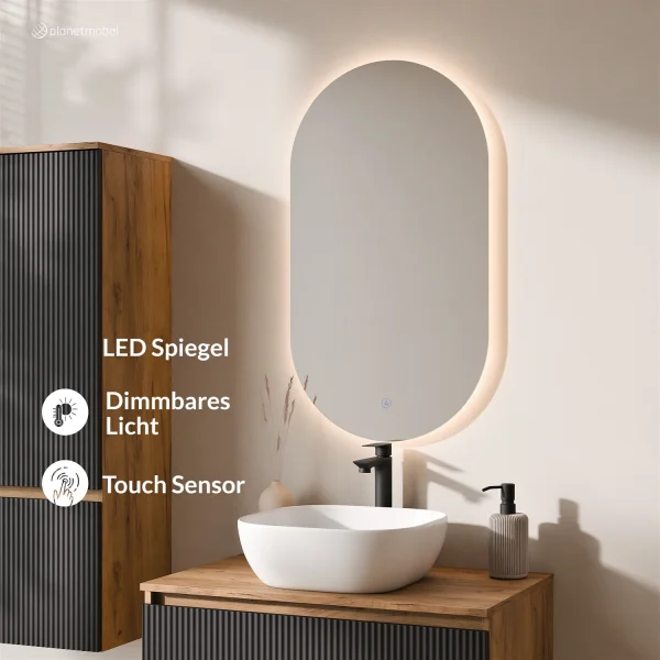 Ensemble de meubles de salle de bains ARISA avec armoire haute en noir strié - Avec miroir à LED et vasque à poser en céramique blanche de 42 cm
