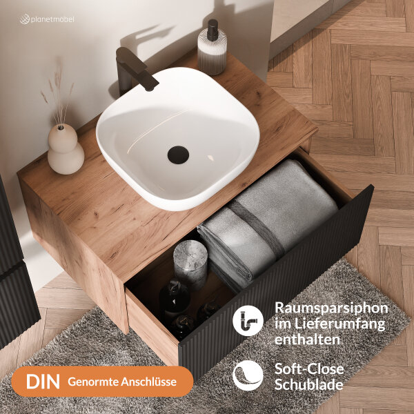 ARISA Badmöbel Set inkl. Hochschrank in Schwarz Geriffelt - Mit LED Spiegel und weißem Keramik-Aufsatzwaschbecken 42 cm