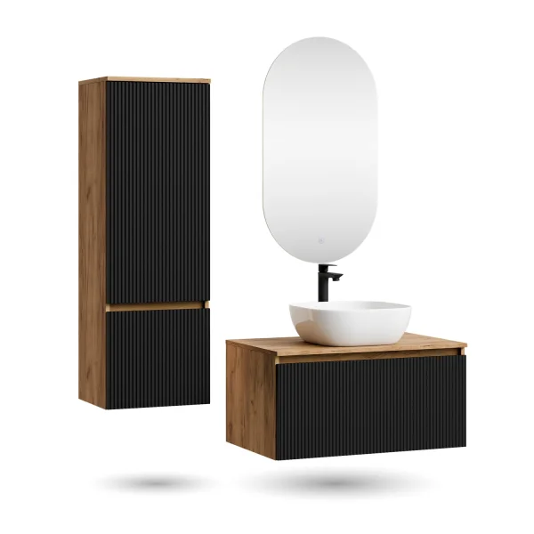 Ensemble de meubles de salle de bains ARISA avec armoire haute en noir strié - Avec miroir à LED et vasque à poser en céramique blanche de 42 cm