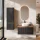 Ensemble de meubles de salle de bains ARISA avec armoire haute en noir strié - Avec miroir à LED et vasque à poser en céramique blanche de 42 cm