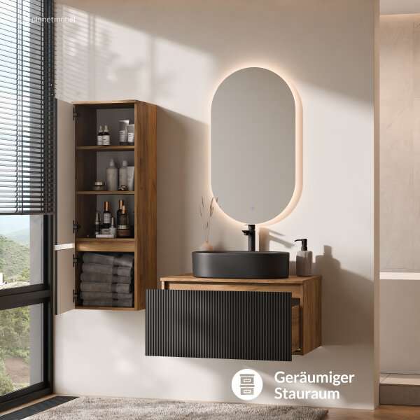 ARISA Badmöbel Set inkl. Hochschrank in Schwarz Geriffelt - Mit LED Spiegel und schwarzem Keramik-Aufsatzwaschbecken 55 cm