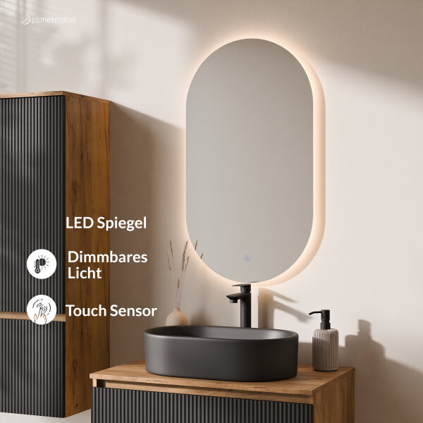 ARISA Badmöbel Set inkl. Hochschrank in Schwarz Geriffelt - Mit LED Spiegel und schwarzem Keramik-Aufsatzwaschbecken 55 cm