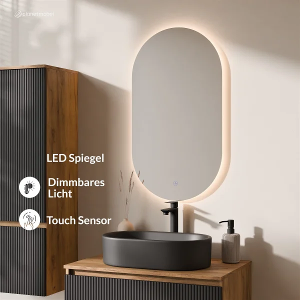 Ensemble de meubles de salle de bains ARISA avec armoire haute en noir strié - Avec miroir à LED et lavabo à poser en céramique noire de 55 cm