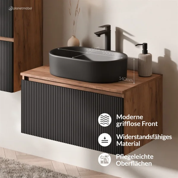 Ensemble de meubles de salle de bains ARISA avec armoire haute en noir strié - Avec miroir à LED et lavabo à poser en céramique noire de 55 cm