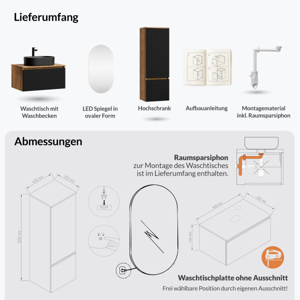 ARISA Badmöbel Set inkl. Hochschrank in Schwarz Geriffelt - Mit LED Spiegel und schwarzem Keramik-Aufsatzwaschbecken 55 cm