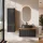 Ensemble de meubles de salle de bains ARISA avec armoire haute en noir strié - Avec miroir à LED et lavabo à poser en céramique noire de 55 cm