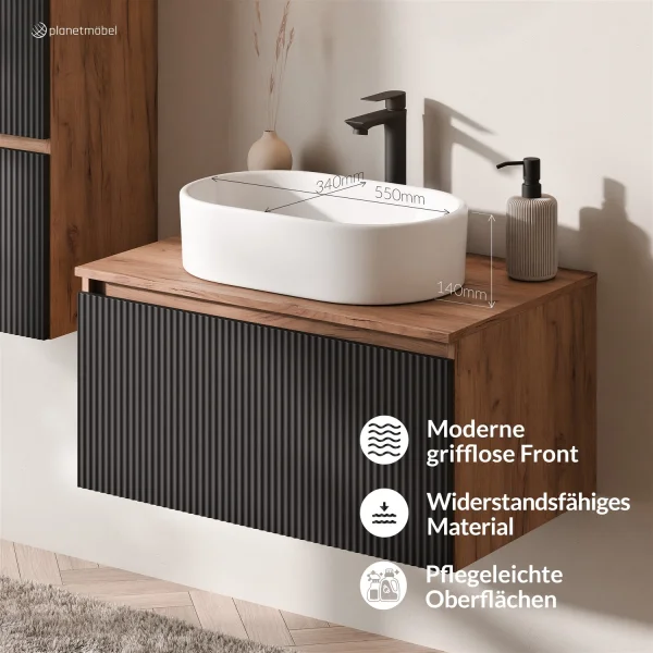Ensemble de meubles de salle de bains ARISA avec armoire haute en noir strié - Avec miroir à LED et lavabo à poser en céramique blanche de 55 cm