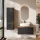 Ensemble de meubles de salle de bains ARISA avec armoire haute en noir strié - Avec miroir à LED et lavabo à poser en céramique blanche de 55 cm