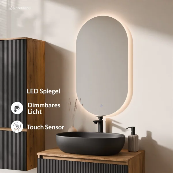 Ensemble de meubles de salle de bains ARISA avec armoire haute en noir strié - Avec miroir à LED et lavabo à poser en céramique noire de 60 cm