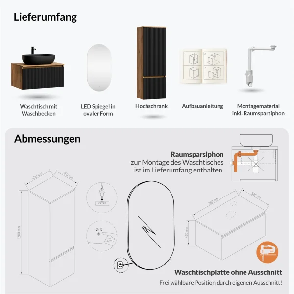 Ensemble de meubles de salle de bains ARISA avec armoire haute en noir strié - Avec miroir à LED et lavabo à poser en céramique noire de 60 cm