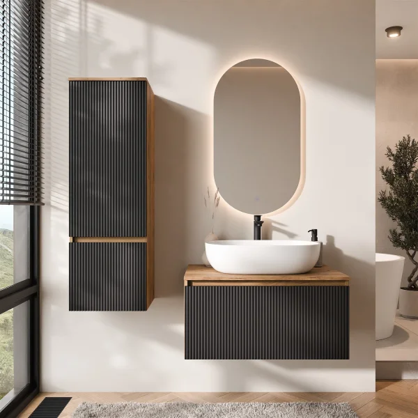 Ensemble de meubles de salle de bains ARISA avec armoire haute en noir strié - Avec miroir à LED et lavabo à poser en céramique blanche de 60 cm