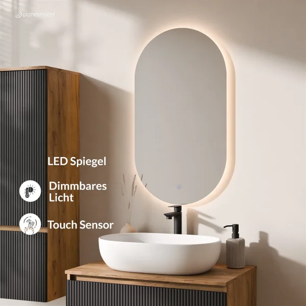 Ensemble de meubles de salle de bains ARISA avec armoire haute en noir strié - Avec miroir à LED et lavabo à poser en céramique blanche de 60 cm