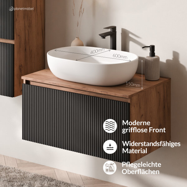 ARISA Badmöbel Set inkl. Hochschrank in Schwarz Geriffelt - Mit LED Spiegel und weißem Keramik-Aufsatzwaschbecken 60 cm