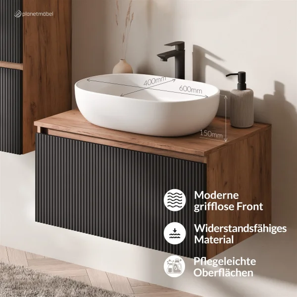 Ensemble de meubles de salle de bains ARISA avec armoire haute en noir strié - Avec miroir à LED et lavabo à poser en céramique blanche de 60 cm