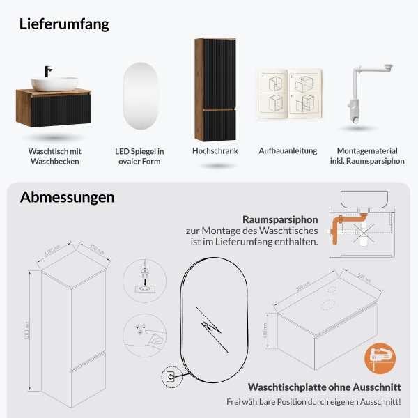 ARISA Badmöbel Set inkl. Hochschrank in Schwarz Geriffelt - Mit LED Spiegel und weißem Keramik-Aufsatzwaschbecken 60 cm