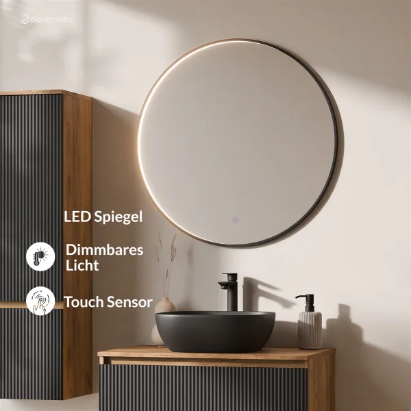 ARISA Bathroom Furniture Set, including a tall cabinet in black ribbed finish – with a Veluna LED mirror and a black ceramic countertop sink (42 cm)