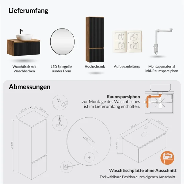 ARISA Badmöbel Set inkl. Hochschrank in Schwarz Geriffelt – Mit Veluna LED Spiegel und weißem Keramik-Aufsatzwaschbecken 42 cm