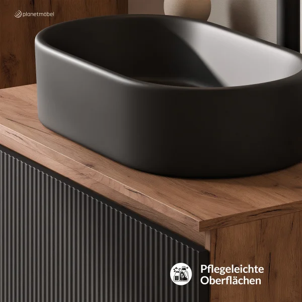 ARISA Bathroom Furniture Set, including a tall cabinet in black ribbed finish – with a Veluna LED mirror and a black ceramic countertop sink (55 cm)