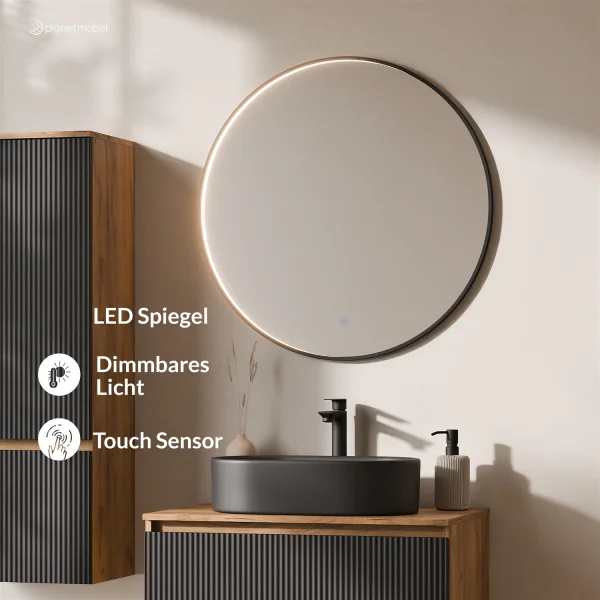 ARISA Bathroom Furniture Set, including a tall cabinet in black ribbed finish – with a Veluna LED mirror and a black ceramic countertop sink (55 cm)
