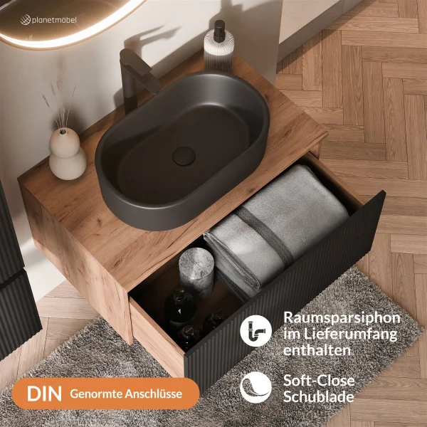 ARISA Bathroom Furniture Set, including a tall cabinet in black ribbed finish – with a Veluna LED mirror and a black ceramic countertop sink (55 cm)