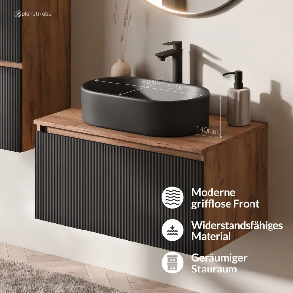 ARISA Bathroom Furniture Set, including a tall cabinet in black ribbed finish – with a Veluna LED mirror and a black ceramic countertop sink (55 cm)