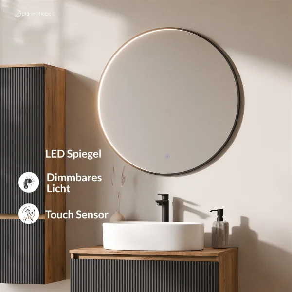 ARISA Badmöbel Set inkl. Hochschrank in Schwarz Geriffelt – Mit Veluna LED Spiegel und weißem Keramik-Aufsatzwaschbecken 55 cm