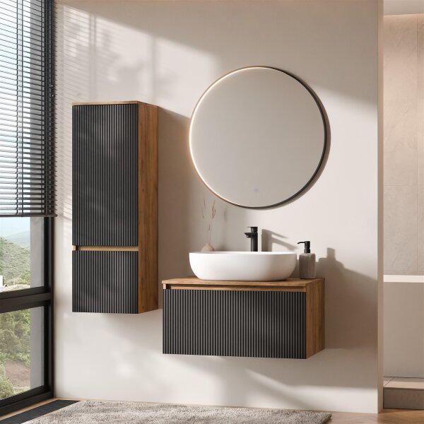 ARISA Badmöbel Set inkl. Hochschrank in Schwarz Geriffelt – Mit Veluna LED Spiegel und weißem Keramik-Aufsatzwaschbecken 60 cm