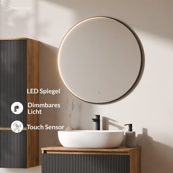 ARISA Badmöbel Set inkl. Hochschrank in Schwarz Geriffelt – Mit Veluna LED Spiegel und weißem Keramik-Aufsatzwaschbecken 60 cm