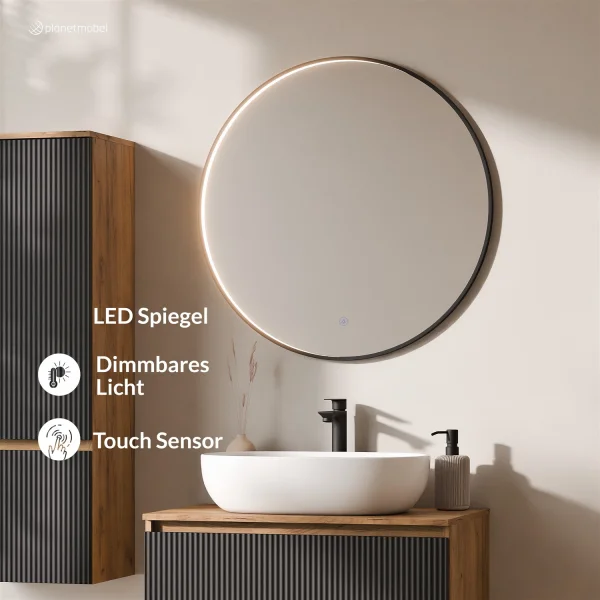 ARISA Bathroom Furniture Set, including a tall cabinet in black ribbed finish – with a Veluna LED mirror and a white ceramic countertop sink (60 cm)