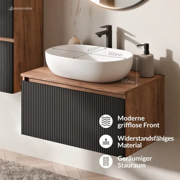 ARISA Bathroom Furniture Set, including a tall cabinet in black ribbed finish – with a Veluna LED mirror and a white ceramic countertop sink (60 cm)