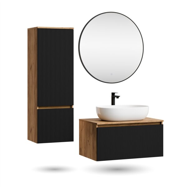 ARISA Badmöbel Set inkl. Hochschrank in Schwarz Geriffelt – Mit Veluna LED Spiegel und weißem Keramik-Aufsatzwaschbecken 60 cm