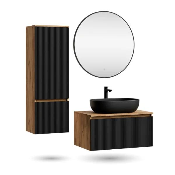 ARISA Bathroom Furniture Set, including a tall cabinet in black ribbed finish – with a Veluna LED mirror and a black ceramic countertop sink (60 cm)