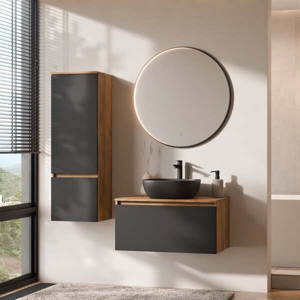 ARISA Badmöbel Set inkl. Hochschrank in Schwarz – Mit Veluna LED Spiegel und schwarzem Keramik-Aufsatzwaschbecken 42 cm