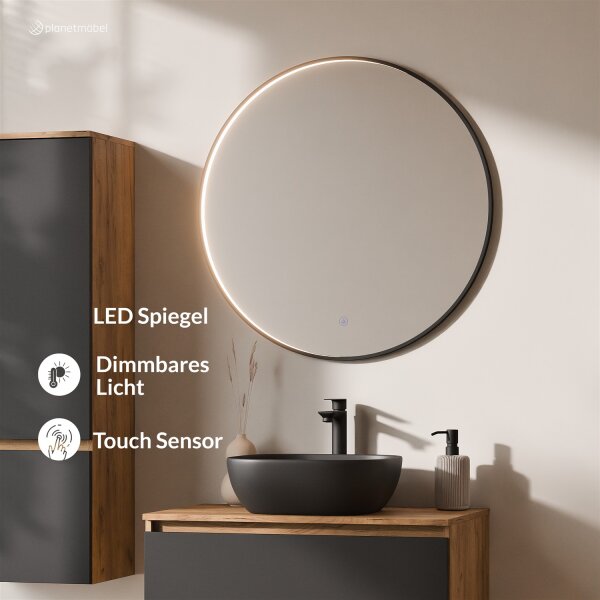 ARISA Badmöbel Set inkl. Hochschrank in Schwarz – Mit Veluna LED Spiegel und schwarzem Keramik-Aufsatzwaschbecken 42 cm