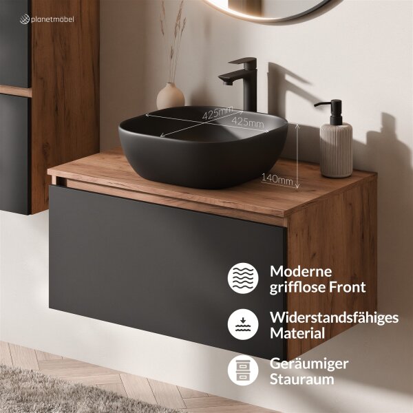 ARISA Badmöbel Set inkl. Hochschrank in Schwarz – Mit Veluna LED Spiegel und schwarzem Keramik-Aufsatzwaschbecken 42 cm