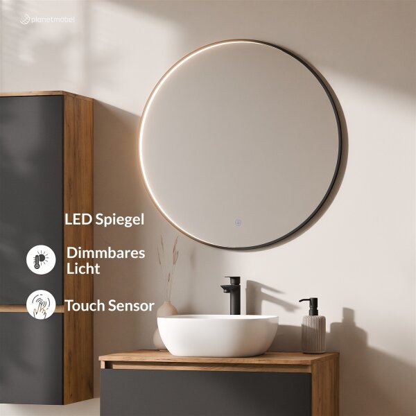 ARISA Badmöbel Set inkl. Hochschrank in Schwarz – Mit Veluna LED Spiegel und weißem Keramik-Aufsatzwaschbecken 42 cm