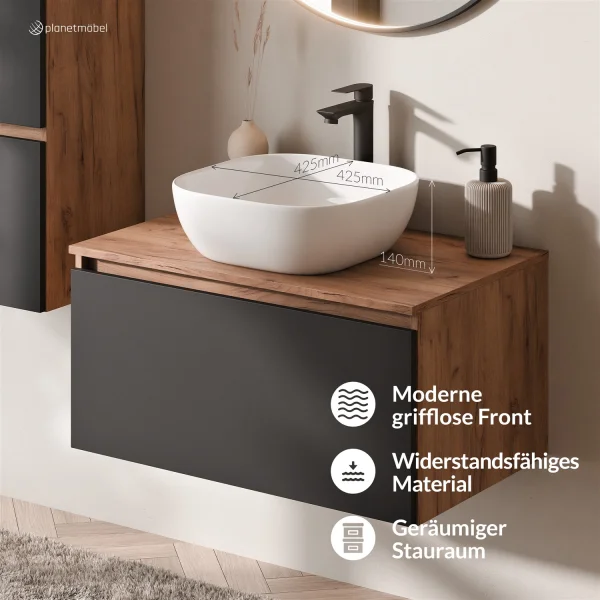 Ensemble de meubles de salle de bains ARISA avec armoire haute noire – Avec miroir LED Veluna et lavabo à poser en céramique blanche de 42 cm