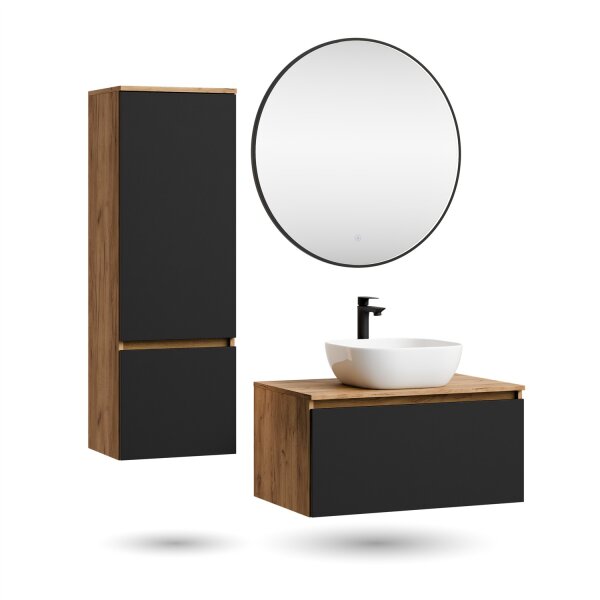 ARISA Badmöbel Set inkl. Hochschrank in Schwarz – Mit Veluna LED Spiegel und weißem Keramik-Aufsatzwaschbecken 42 cm