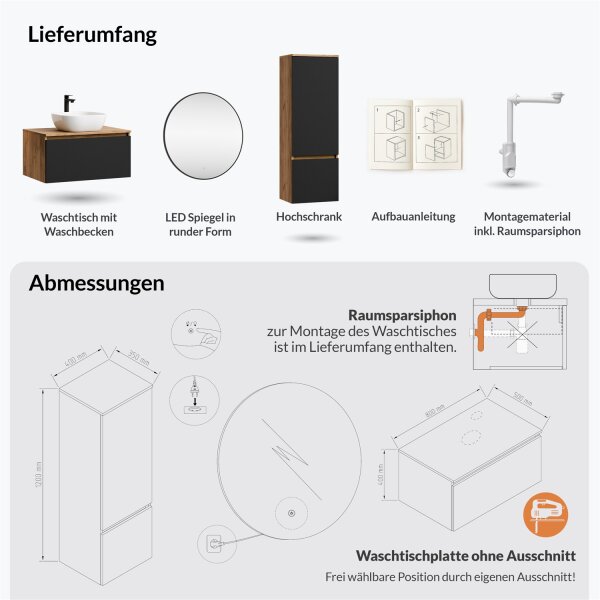 ARISA Badmöbel Set inkl. Hochschrank in Schwarz – Mit Veluna LED Spiegel und weißem Keramik-Aufsatzwaschbecken 42 cm