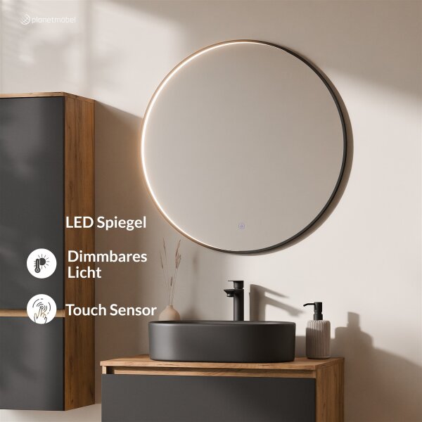 ARISA Badmöbel Set inkl. Hochschrank in Schwarz – Mit Veluna LED Spiegel und schwarzem Keramik-Aufsatzwaschbecken 55 cm